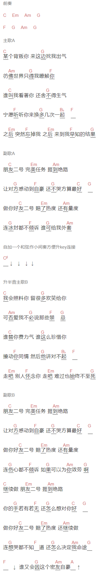 邓健泓《朋友二号》吉他谱C调和弦谱(txt)1