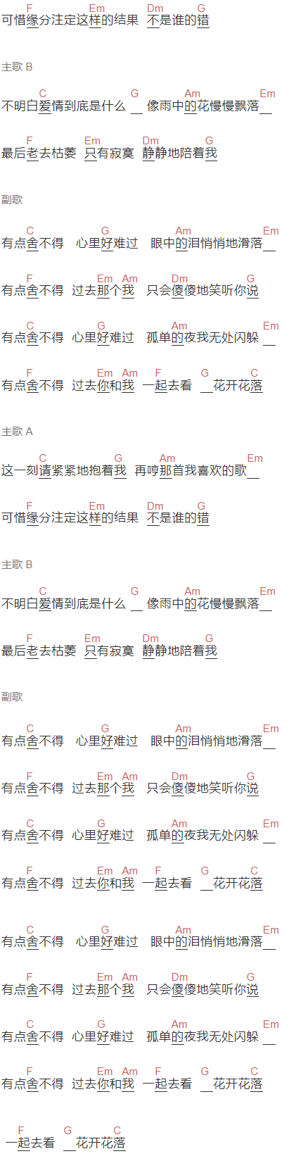 杨幂《有点舍不得》吉他谱C调和弦谱(txt)1