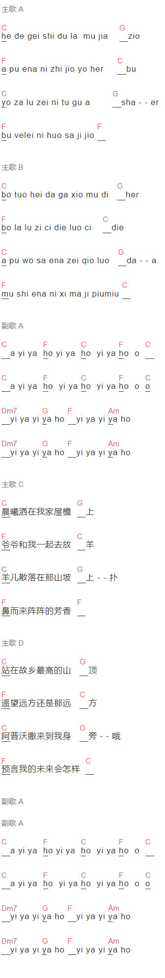 贾巴阿叁《晨曦》吉他谱C调和弦谱(txt)1