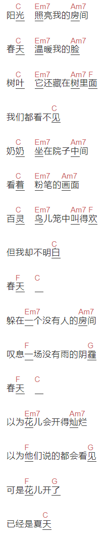  李晋《春天》吉他谱C调和弦谱(txt)1