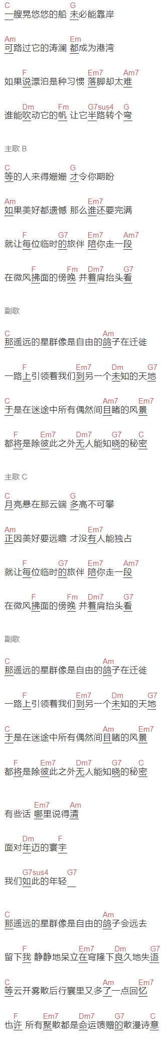昨夜派对（L.N Party）《星群是自由的鸽子》吉他谱C调和弦谱(txt)1