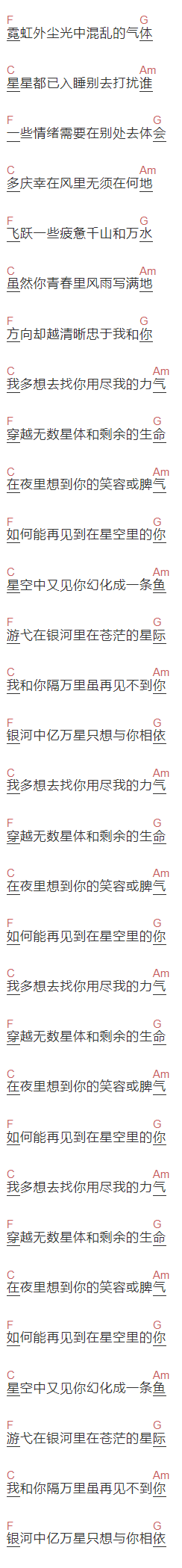 棱镜《星空里的你》吉他谱C调和弦谱(txt)1