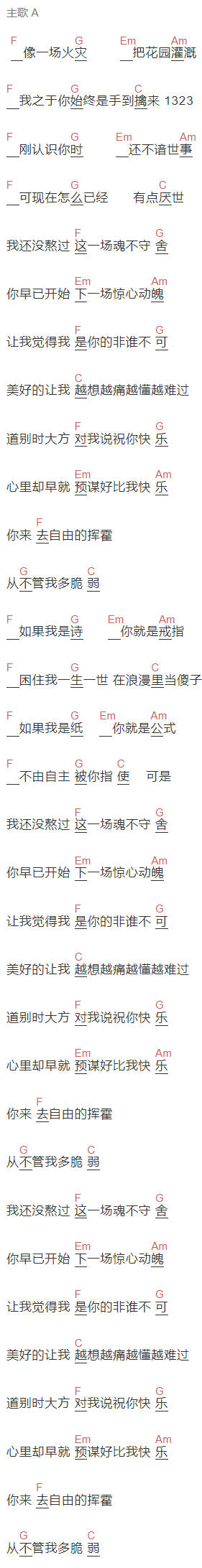 高鱼《挥霍》吉他谱C调和弦谱(txt)1