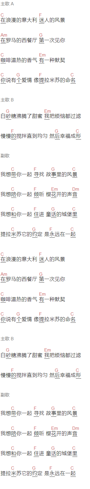 新乐尘符,李思雨《提拉米苏》吉他谱C调和弦谱(txt)1