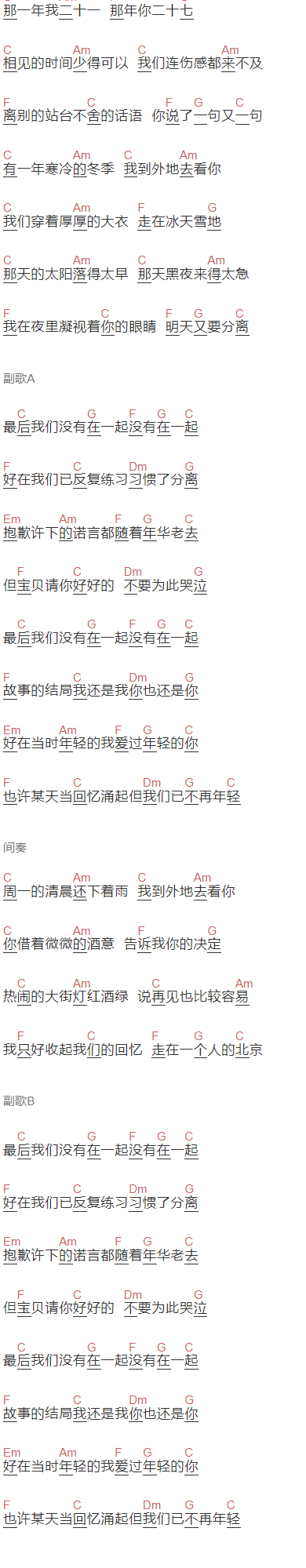 好妹妹乐队《我到外地去看你》吉他谱C调和弦谱(txt)1