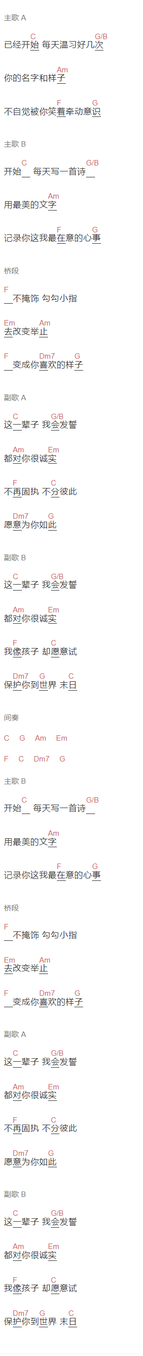  星弟《我会很诚实》吉他谱C调和弦谱(txt)1