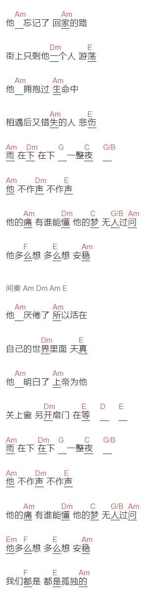 华晨宇《我们都是孤独的》吉他谱C调和弦谱(txt)1