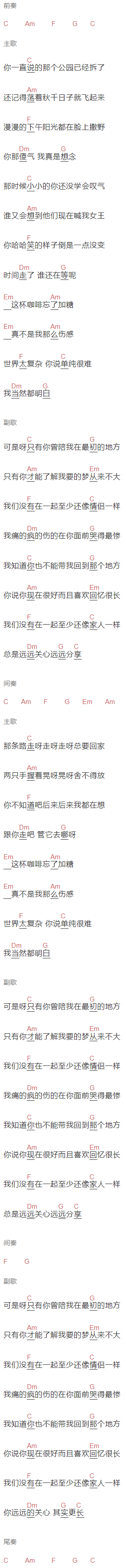 刘若英《我们没有在一起》吉他谱C调和弦谱(txt)1