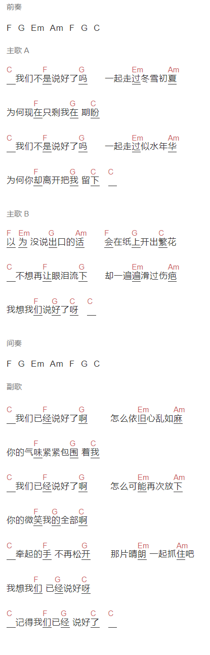 彭于晏 白百何《我们不是说好了吗》吉他谱C调和弦谱(txt)1
