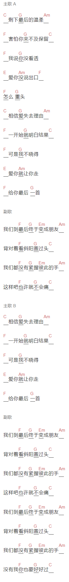 金玟岐《我们到最后终于变成朋友》吉他谱C调和弦谱(txt)1