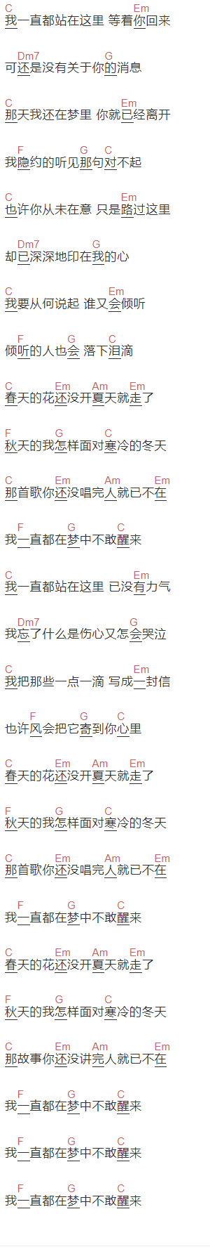 刘明汉《我一直站在这里》吉他谱C调和弦谱(txt)1