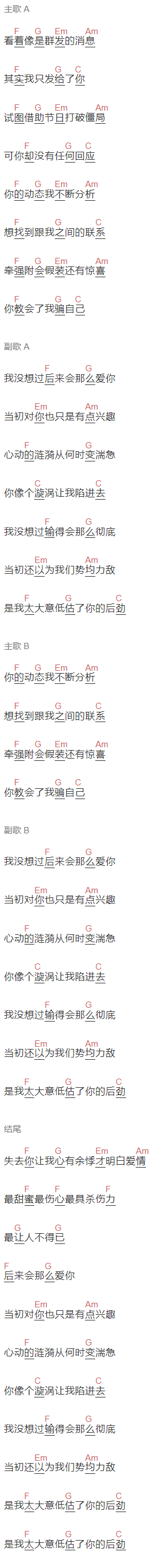 孤《成瘾》吉他谱C调和弦谱(txt)1
