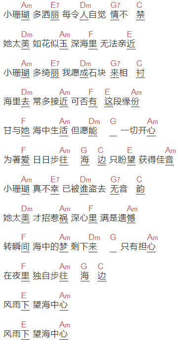 谭咏麟《小珊瑚》吉他谱C调和弦谱(txt)1