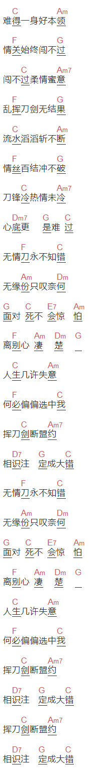 罗文《小李飞刀》吉他谱C调和弦谱(txt)1
