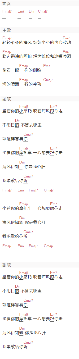 郁可唯《小摩托》吉他谱C调和弦谱(txt)1