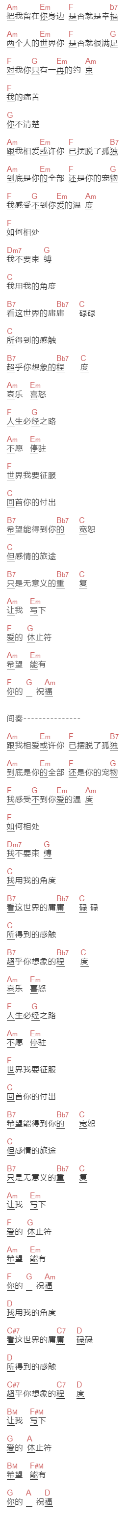 孙燕姿《休止符》吉他谱C调和弦谱(txt)1