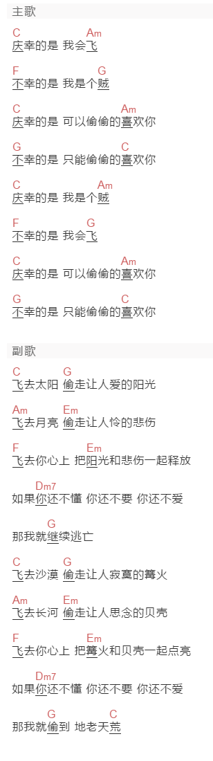 曾轶可《会飞的贼》吉他谱C调和弦谱(txt)1