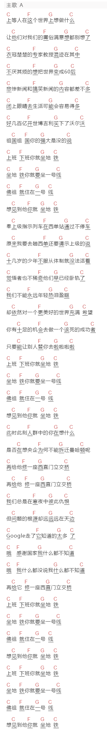 宋冬野《佛祖在一号线》吉他谱C调和弦谱(txt)1