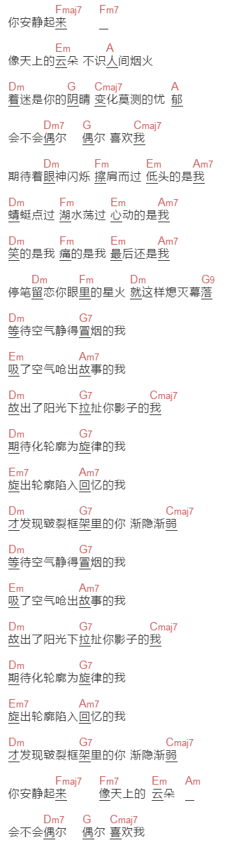 陈萝莉《你安静起来》吉他谱C调和弦谱(txt)1