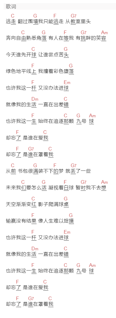 五月天《九号球》吉他谱C调和弦谱(txt)1