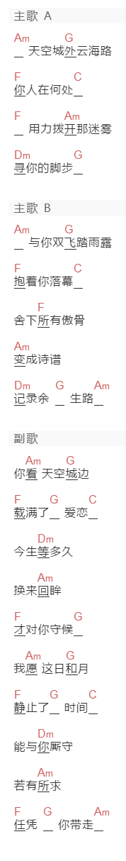 王嘉尔《九州天空城》吉他谱C调和弦谱(txt)1