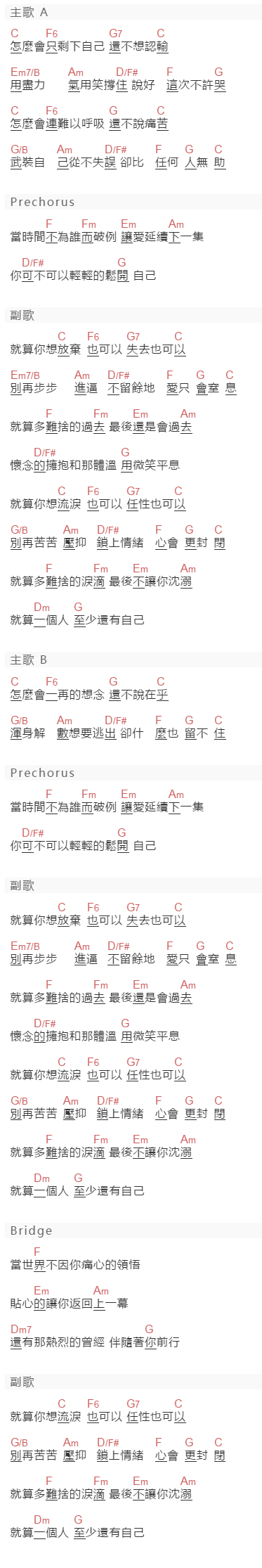 阎奕格《也可以》吉他谱C调和弦谱(txt)1