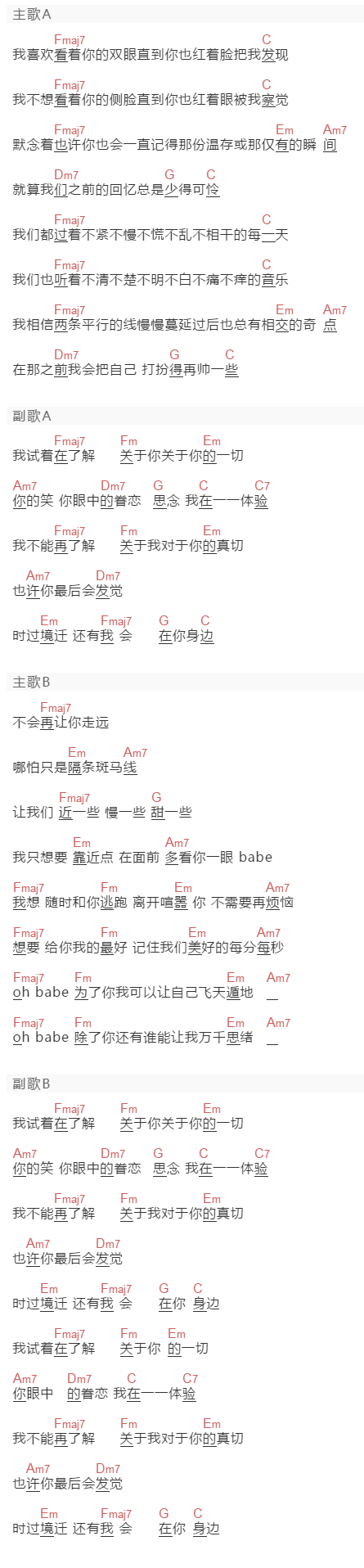 余佳运《了解》吉他谱C调和弦谱(txt)1