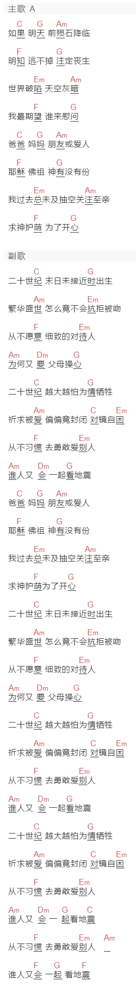 吴雨霏《二十世纪少年》吉他谱C调和弦谱(txt)1