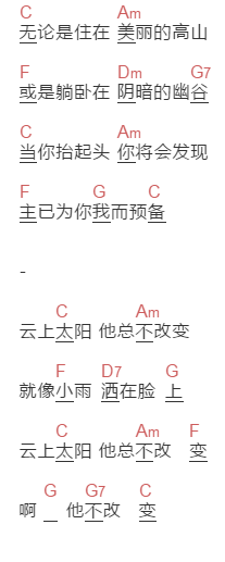 赞美之泉《云上太阳》吉他谱C调和弦谱(txt)1
