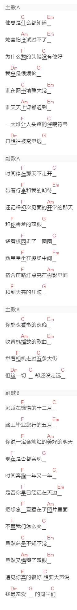 茉茉天空《亲爱的同学》吉他谱C调和弦谱(txt)1