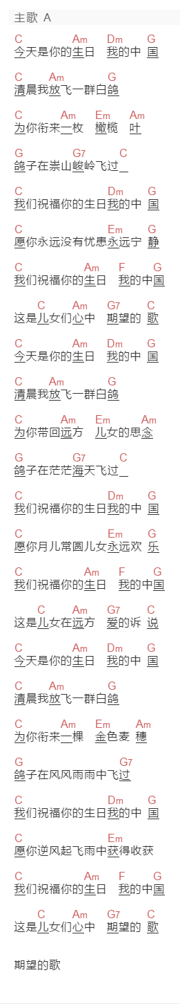 董文华《今天是你的生日,中国》吉他谱C调和弦谱(txt)1