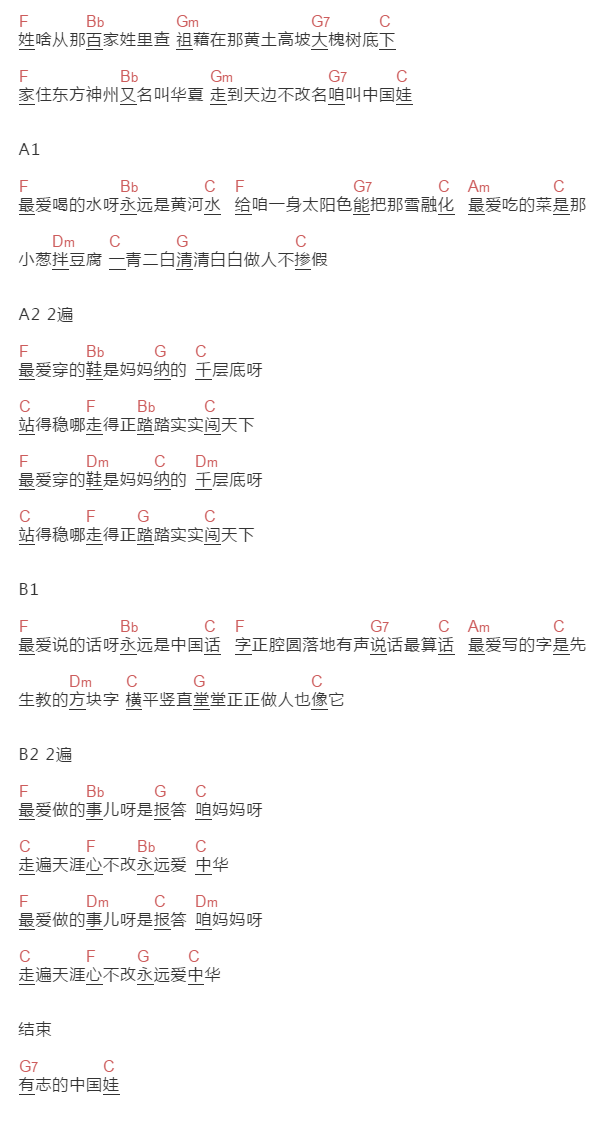 解晓东《中国娃》吉他谱C调和弦谱(txt)1