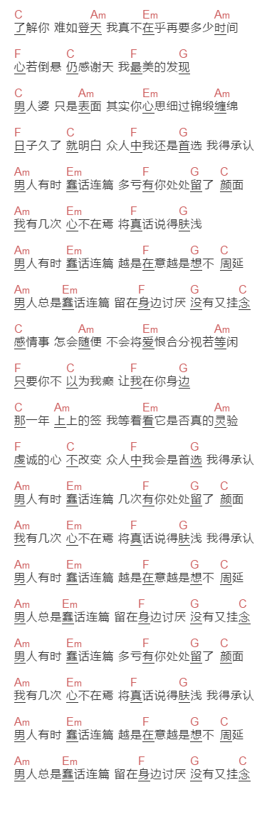 周华健《上上签》吉他谱C调和弦谱(txt)1