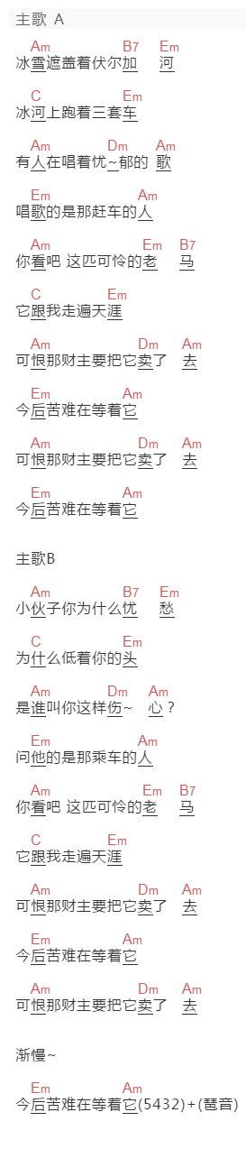 霍勇《三套车》吉他谱C调和弦谱(txt)1