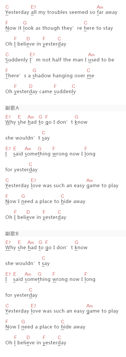The Beatle《yesterday》吉他谱C调和弦谱(txt)1