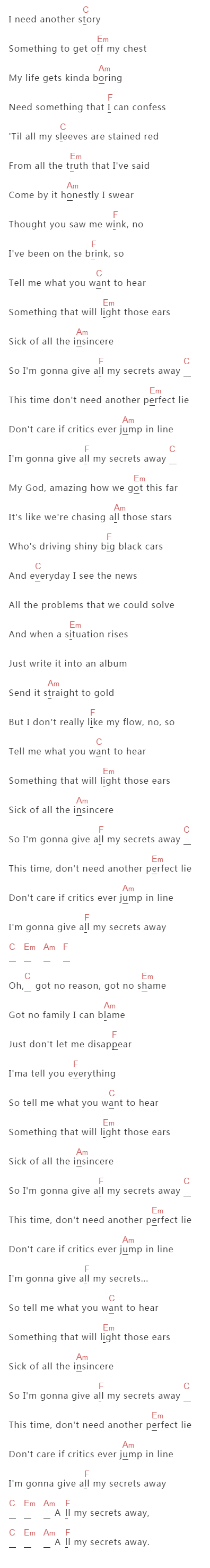 One Republic《Secrets》吉他谱C调和弦谱(txt)1