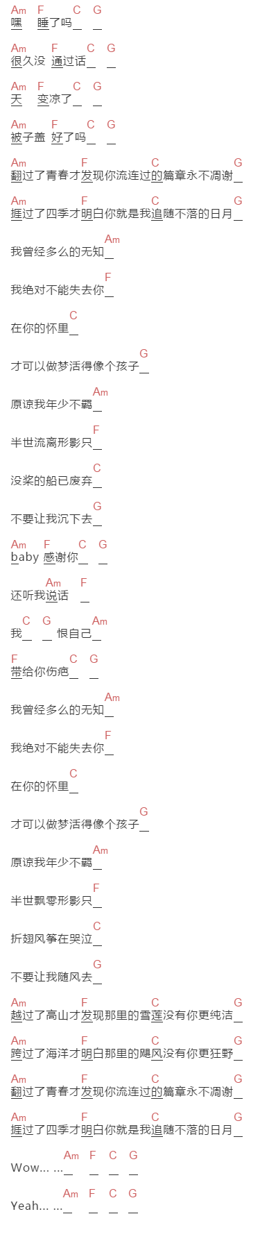 GALA《我绝对不能失去你》吉他谱C调和弦谱(txt)1