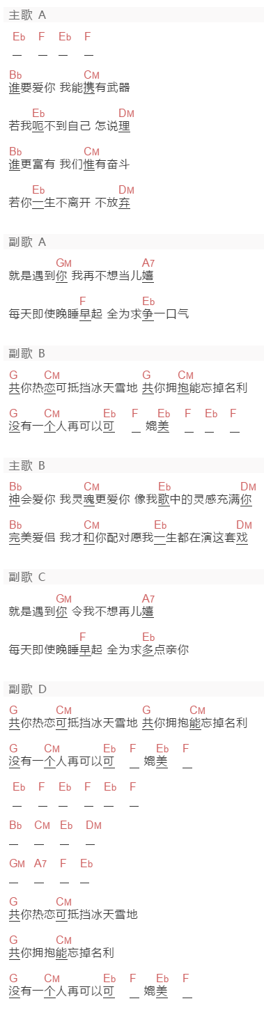 黄贯中《无得比》吉他谱C调和弦谱(txt)1