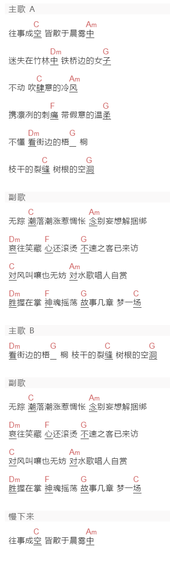 谢春花《无终》吉他谱C调和弦谱(txt)1