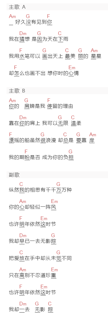 许飞《明年依然好时节》吉他谱C调和弦谱(txt)1