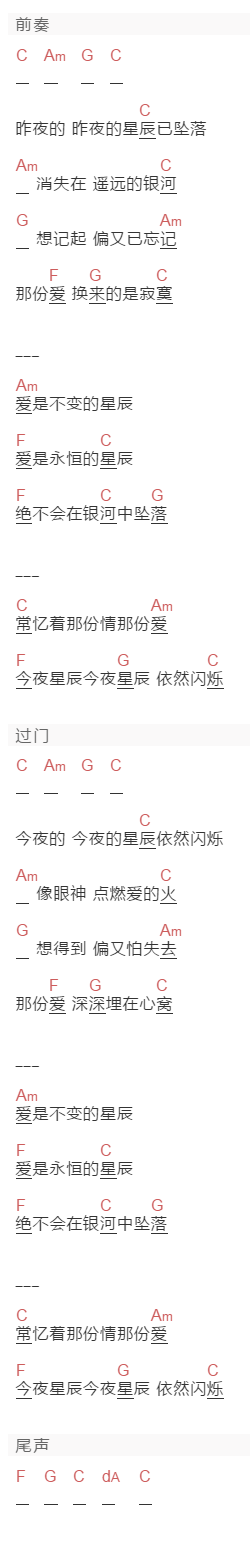 林淑容《昨夜的星辰》吉他谱C调和弦谱(txt)1