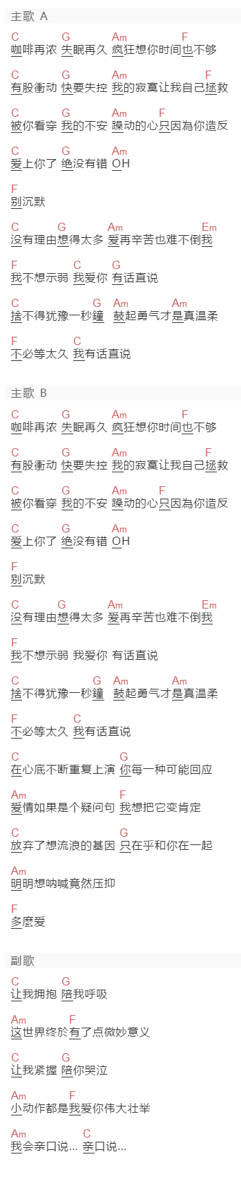 柯震东《有话直说》吉他谱C调和弦谱(txt)1