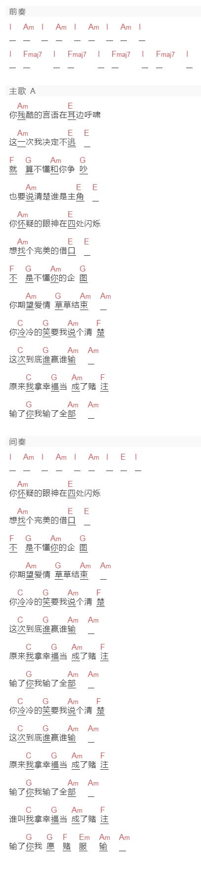 那英《愿赌服输》吉他谱C调和弦谱(txt)1