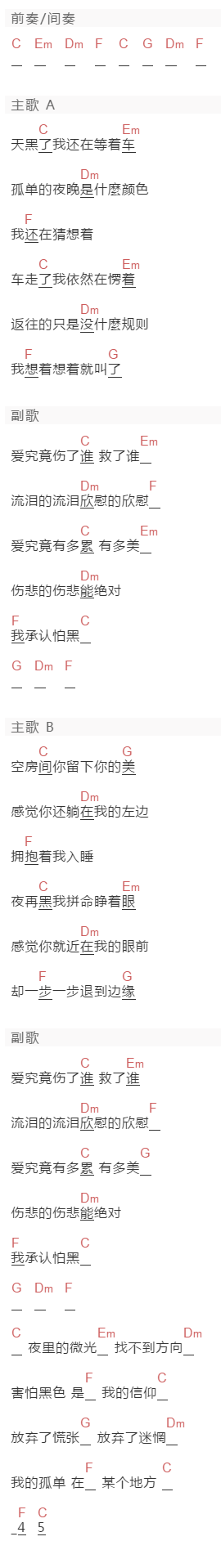 言承旭《怕黑》吉他谱C调和弦谱(txt)1