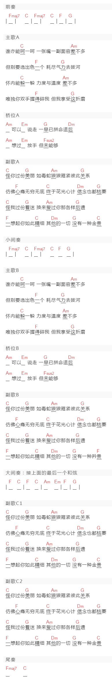 张国荣《怪你过份美丽》吉他谱C调和弦谱(txt)1