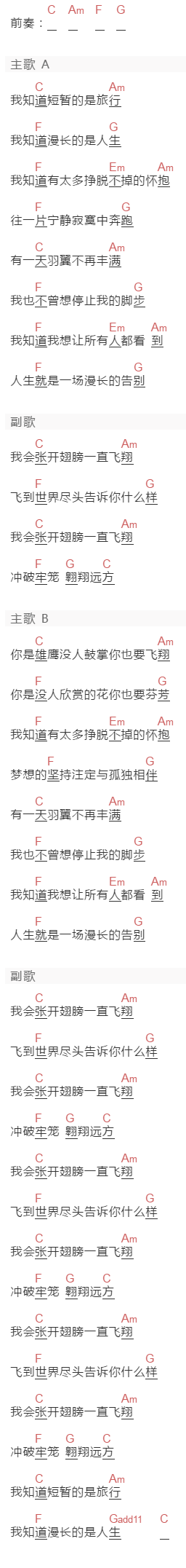 海先生《飞翔》吉他谱C调和弦谱(txt)1