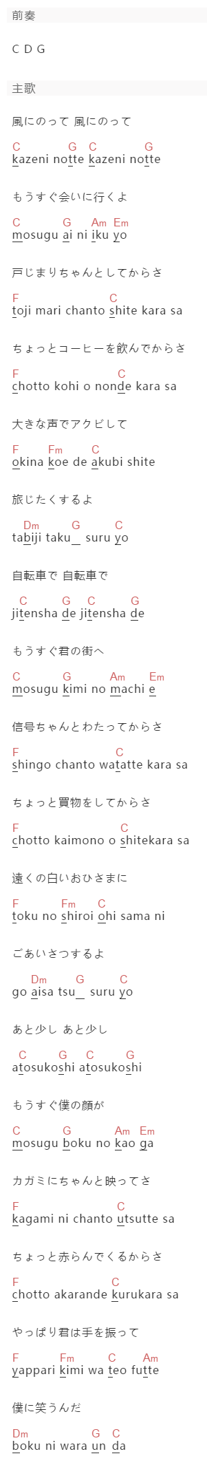 つじあやの《风にのって》吉他谱C调和弦谱(txt)1