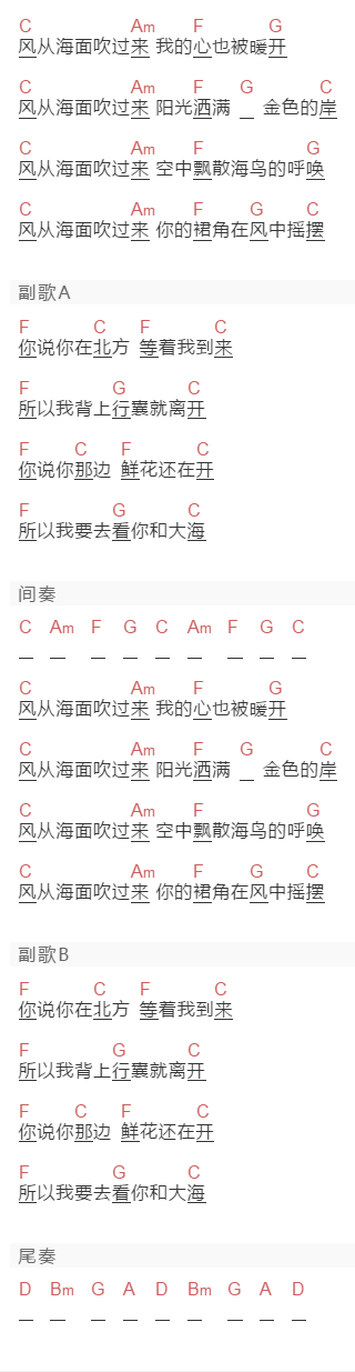 好妹妹乐队《风从海面吹过来》吉他谱C调和弦谱(txt)1
