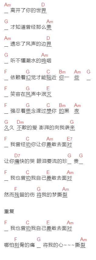 羽泉《风声边界》吉他谱C调和弦谱(txt)1