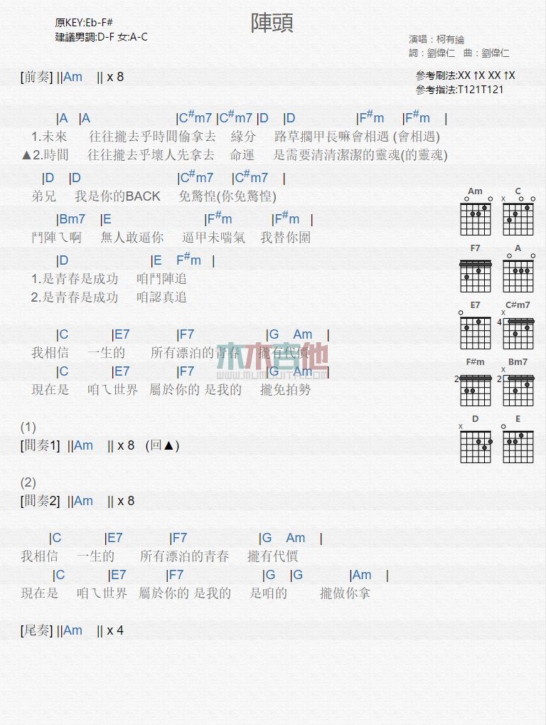 柯有伦《阵头》吉他谱C调和弦谱(txt)1
